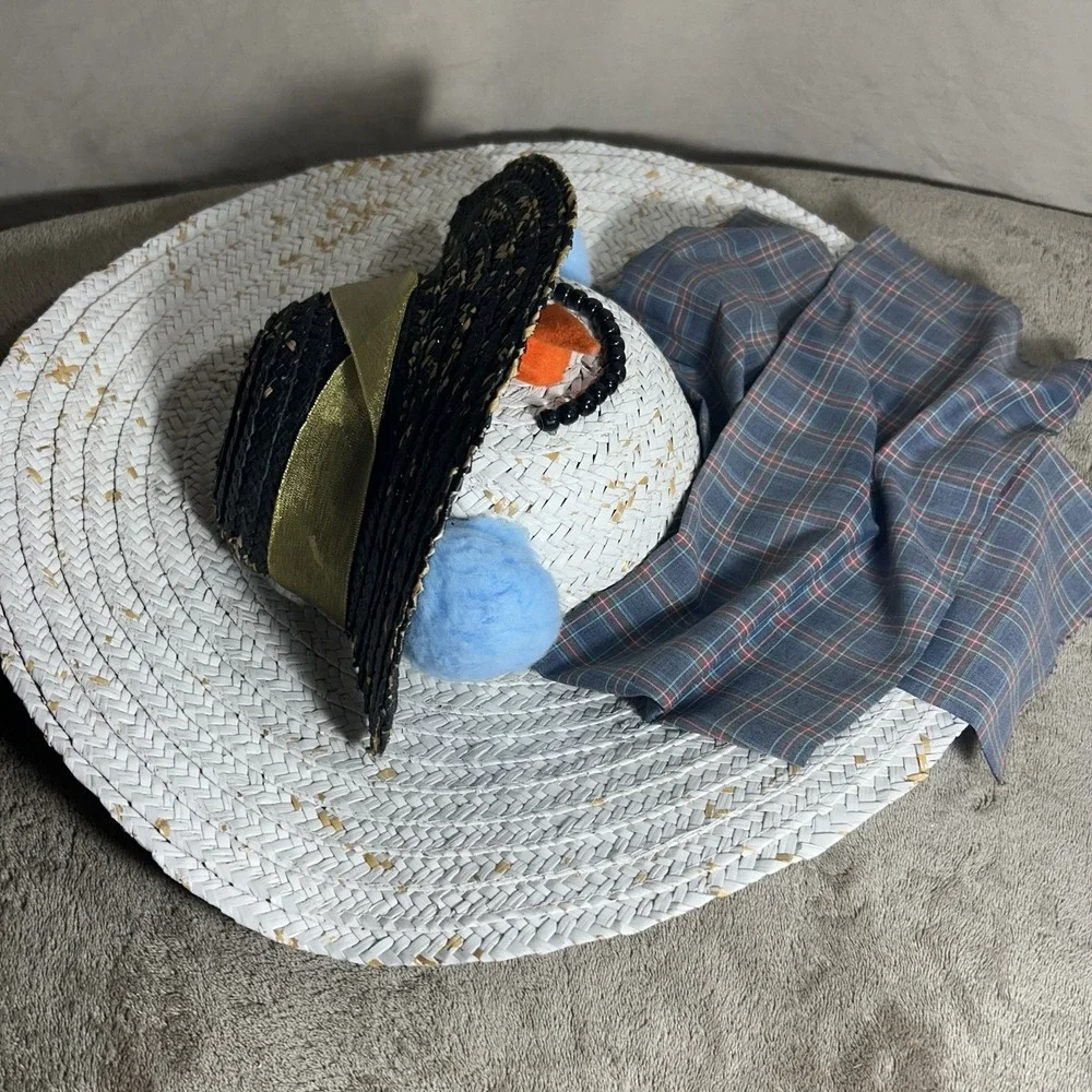 Handmade Straw Hat Snowman Christmas Wall Door Hanging Plaid Scarf 18